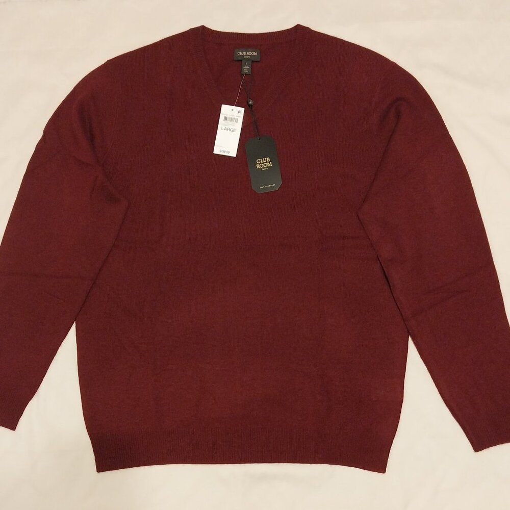 NWT Club Room Men's Cashmere V-Neck Sweater Size (L), Color Cabernet